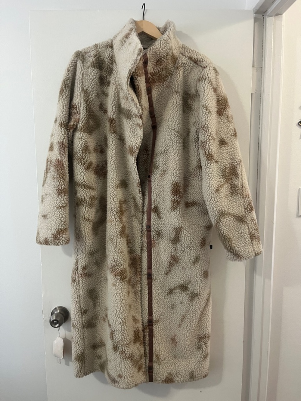 lululemon athletica Cream Faux Shearling Long Coat with Brown Spots